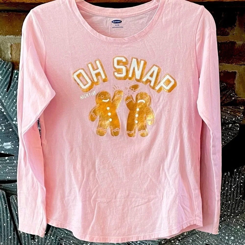 Old Navy Size XL (14) Girls “Oh Snap” High 5 Gingerbread Pink Long Sleeve Tee